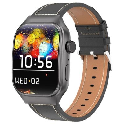 T15 Plus Touch Screen Smartwatch Black Frame Leather Strap